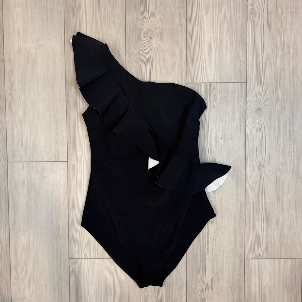 Chiara Boni La Petite Robe Black One Shoulder‎ Ruffle Swimsuit EU 46 / US 10